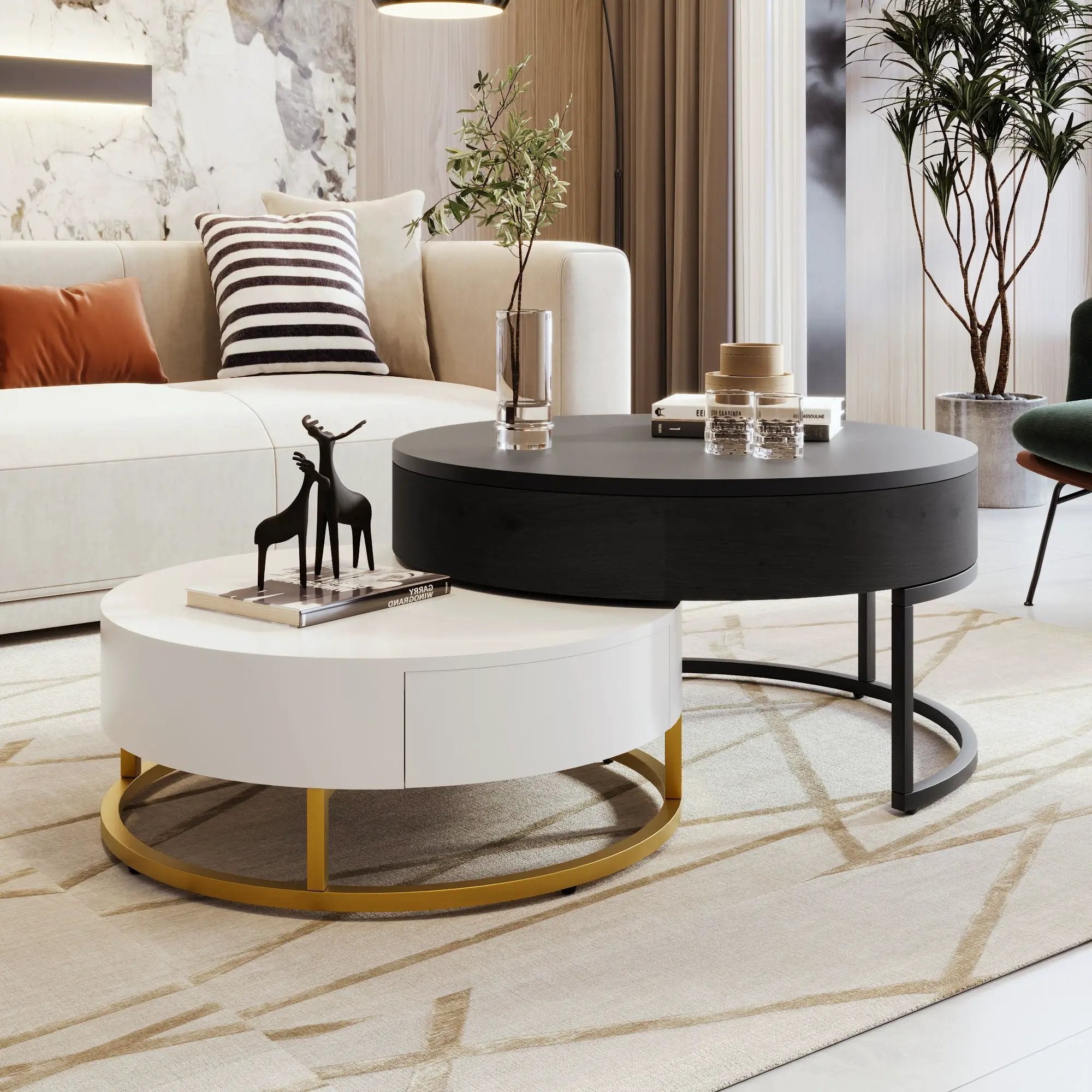 Modern Round Lift-Top Nesting Coffee Tables With 2 Drawers by Unique Piece Furniture