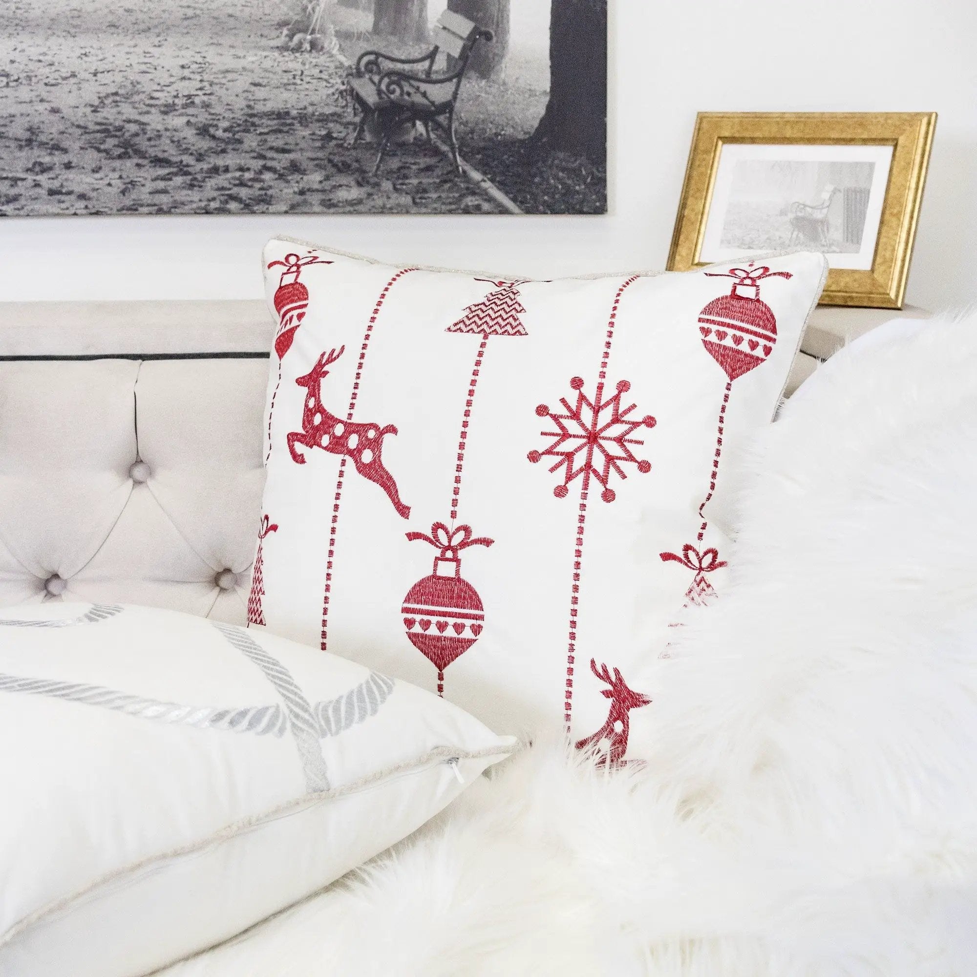 Christmas Throw Pillow With Embroidered Reindeer And Snowflakes - White by Unique Piece Furniture