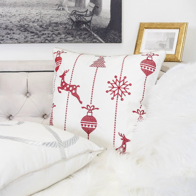 Christmas Throw Pillow With Embroidered Reindeer And Snowflakes - White by Unique Piece Furniture