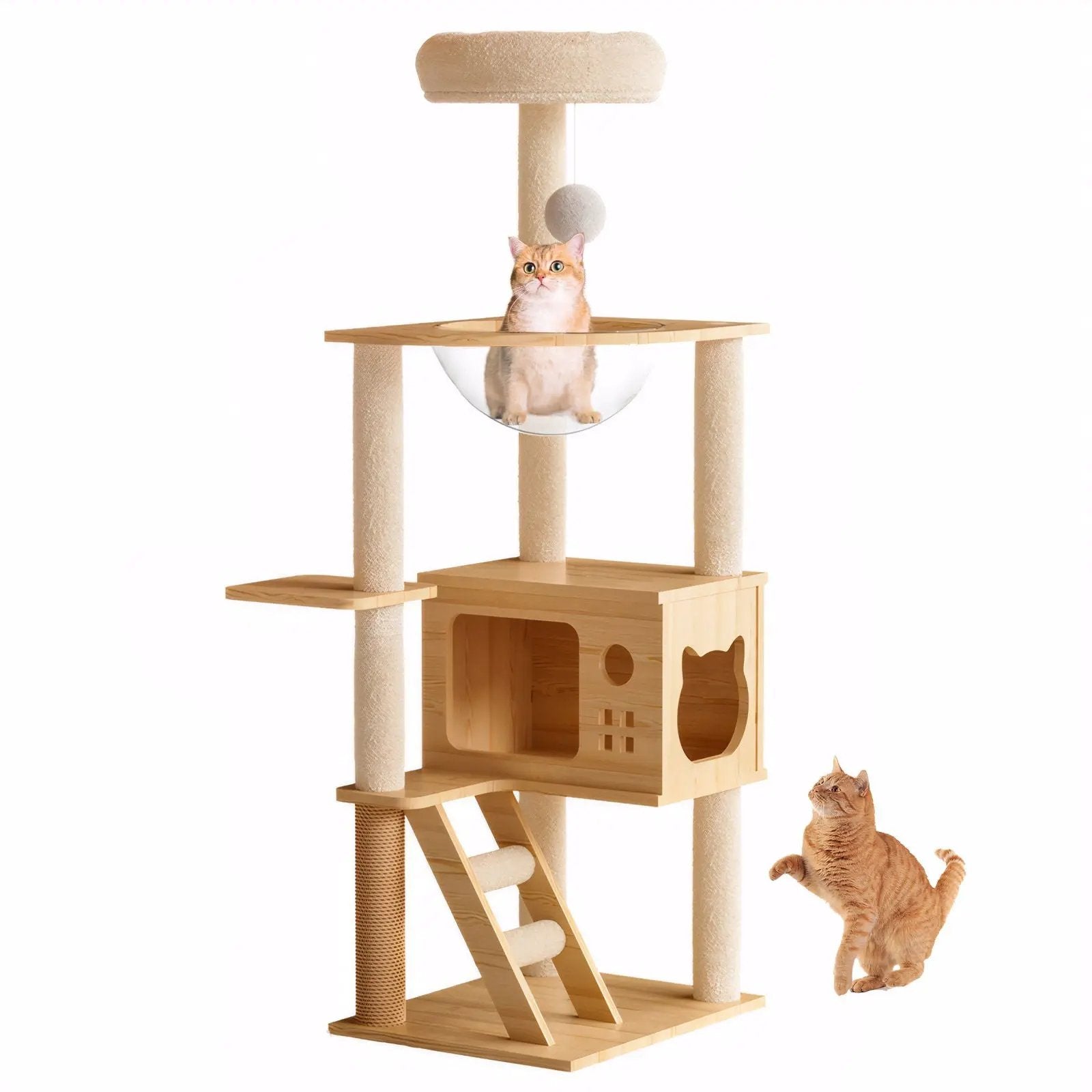 Modern Cat Tower, Wood Cat Tree Tower For Indoor Cats, Cat Tree With Sisal Covered Scratching Posts And Top Perch - Natural / White by HouseOfZazla