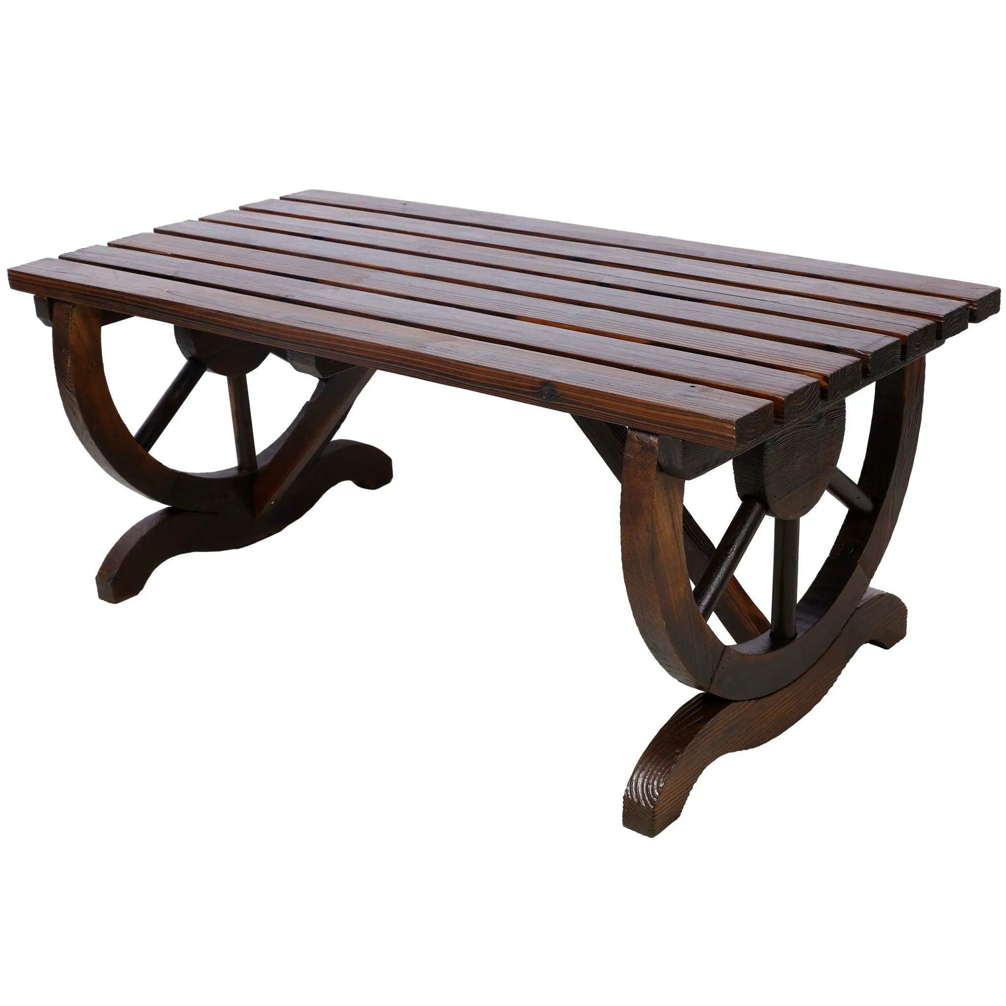Rustic Wooden Bench With Wagon Wheel Legs For Garden And Patio - Brown by Unique Piece Furniture