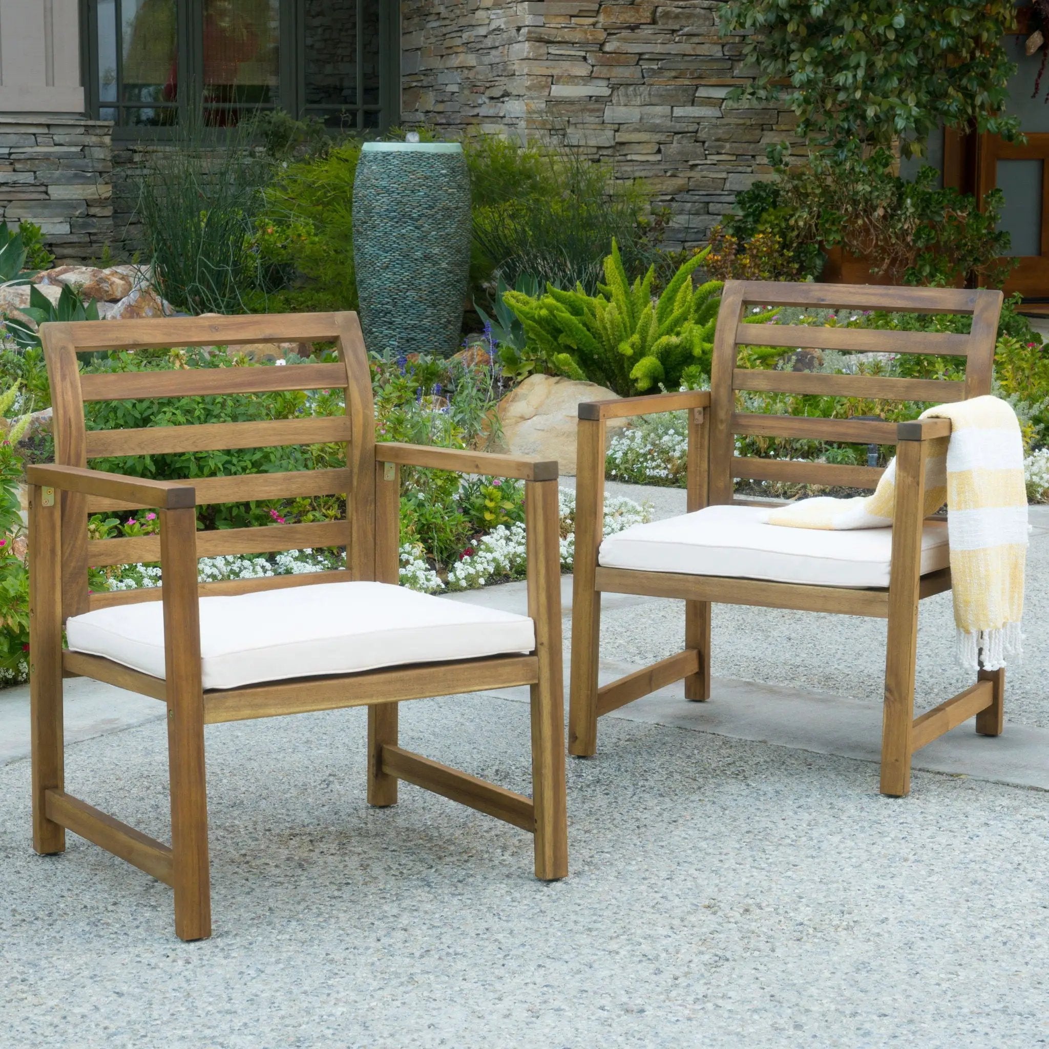 Outdoor Acacia Wood Club Chairs, 2-Piece Set - Natural Stained / White by HouseOfZazla