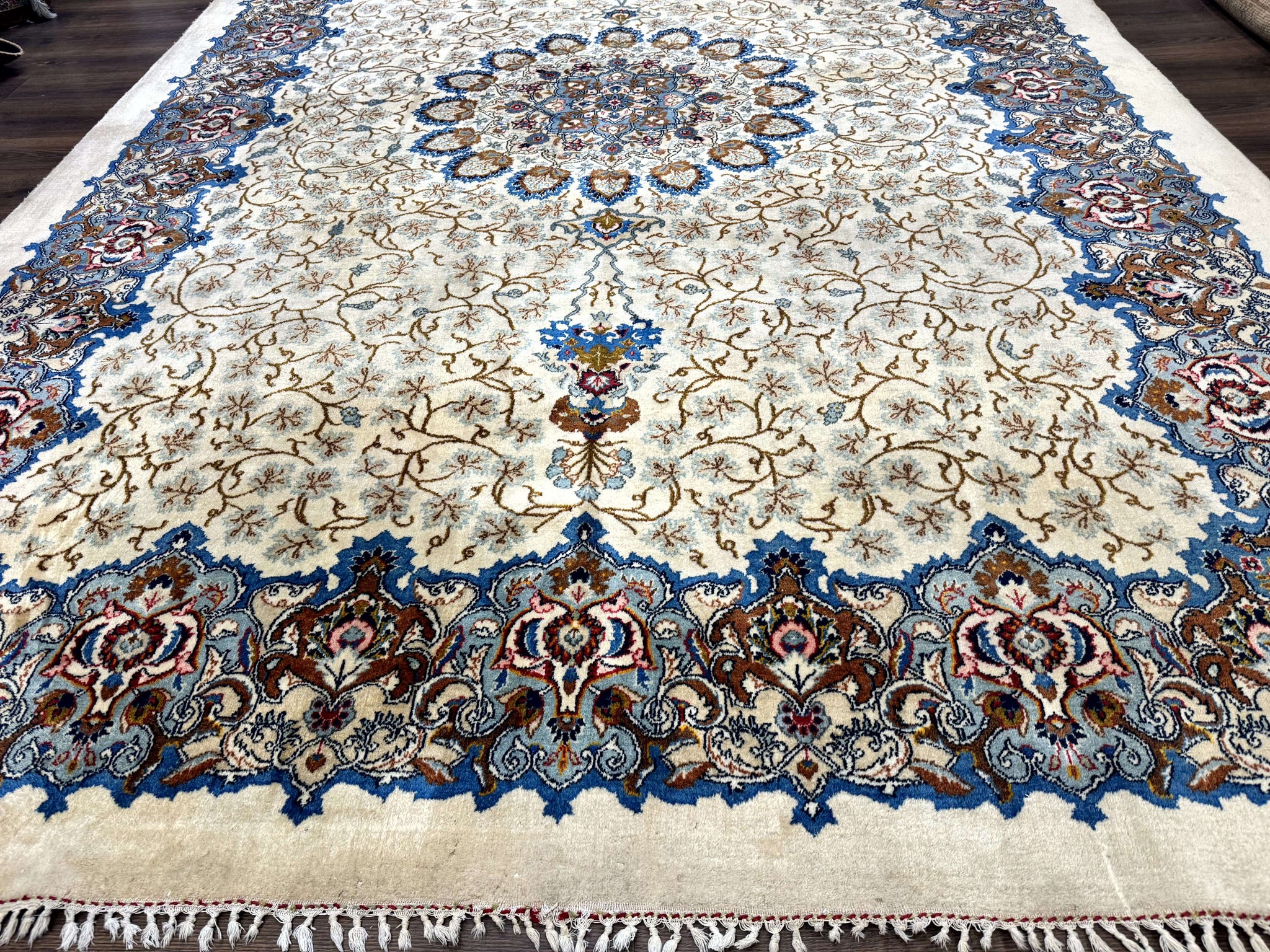 Persian Kashan Rug 9 x 12.6, Ivory and Blue, Floral Medallion, Wool Hand Knotted Semi Antique Carpet by Jewel Rugs