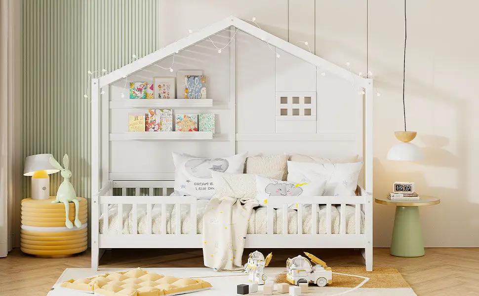 House Bed With Shelves, Window And Sparkling Light Strip On The Roof by HouseOfZazla