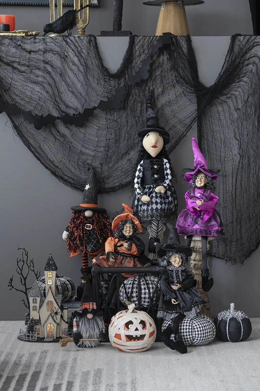 Standing Gnome With Banner & Spring Body, For Halloween Decor - Black / Orange / White by HouseOfZazla