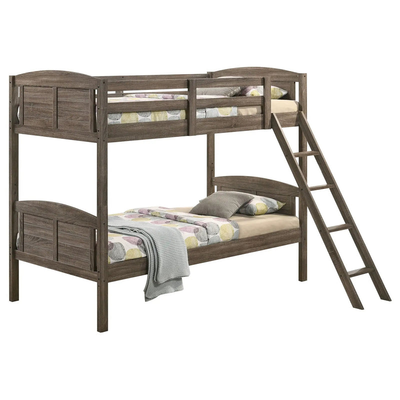 Flynn Wood Twin Over Twin Bunk Bed with Mattress Weathered Brown by Unique Piece Furniture