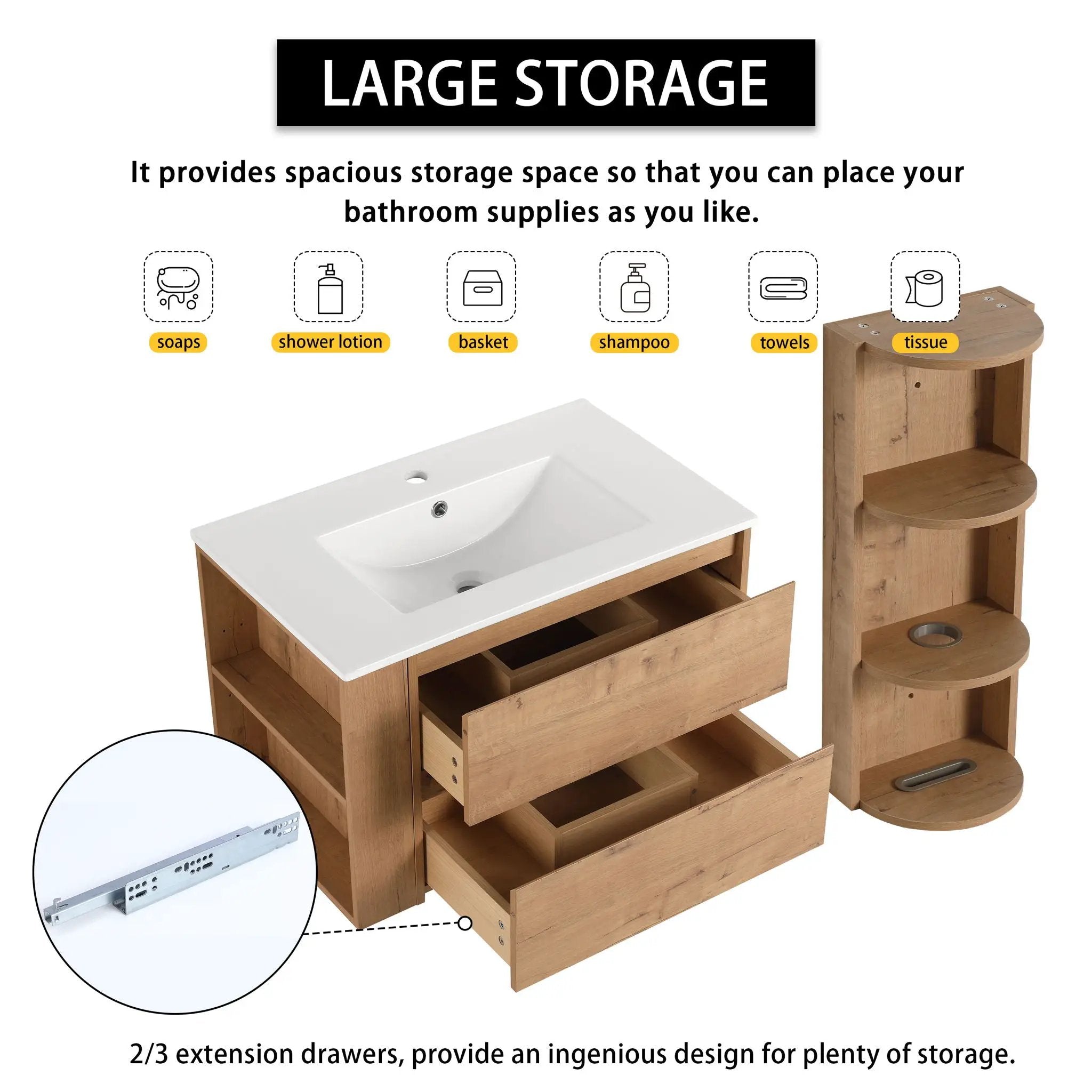 Modern Wall Mounted Bathroom Vanity With Ceramic Sink And Storage Rack, 2 Soft Close Drawers by Unique Piece Furniture