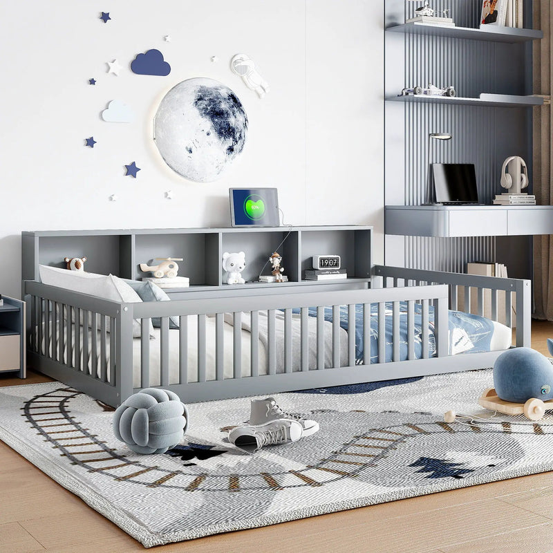Twin Long Floor Bed With Storage Cabinets And USB Ports - Gray by Unique Piece Furniture