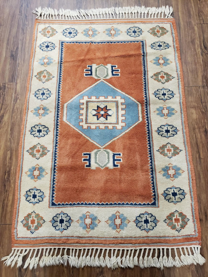 3x5 Handmade Vintage Turkish Area Rug Wool Kazak Carpet 3'1"x4'5" Red Beige by Jewel Rugs