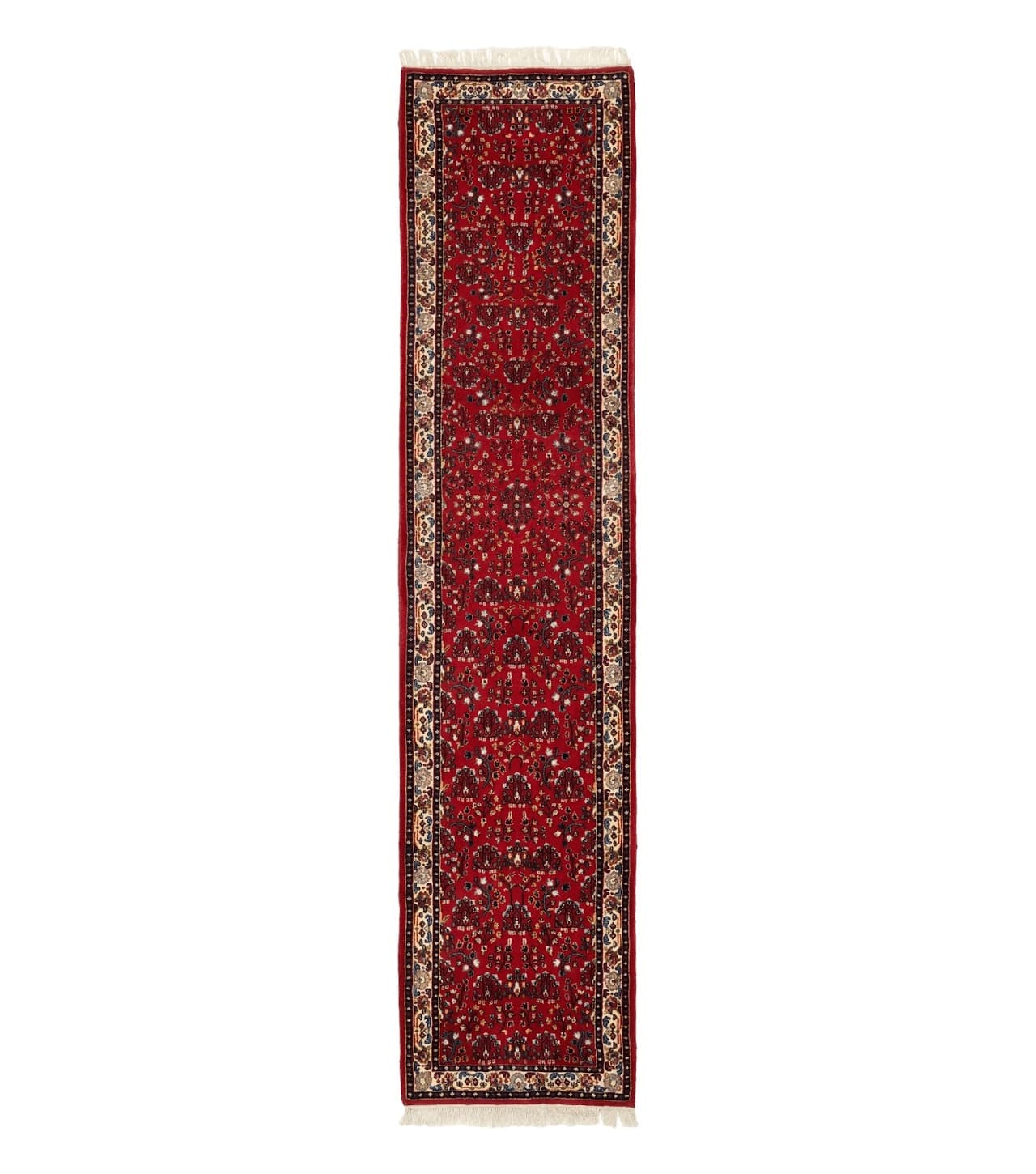 Indo Persian Sarouk Runner Rug 3 x 12, Red and Cream, Allover Pattern, 12ft Runner, Hand Knotted by Jewel Rugs