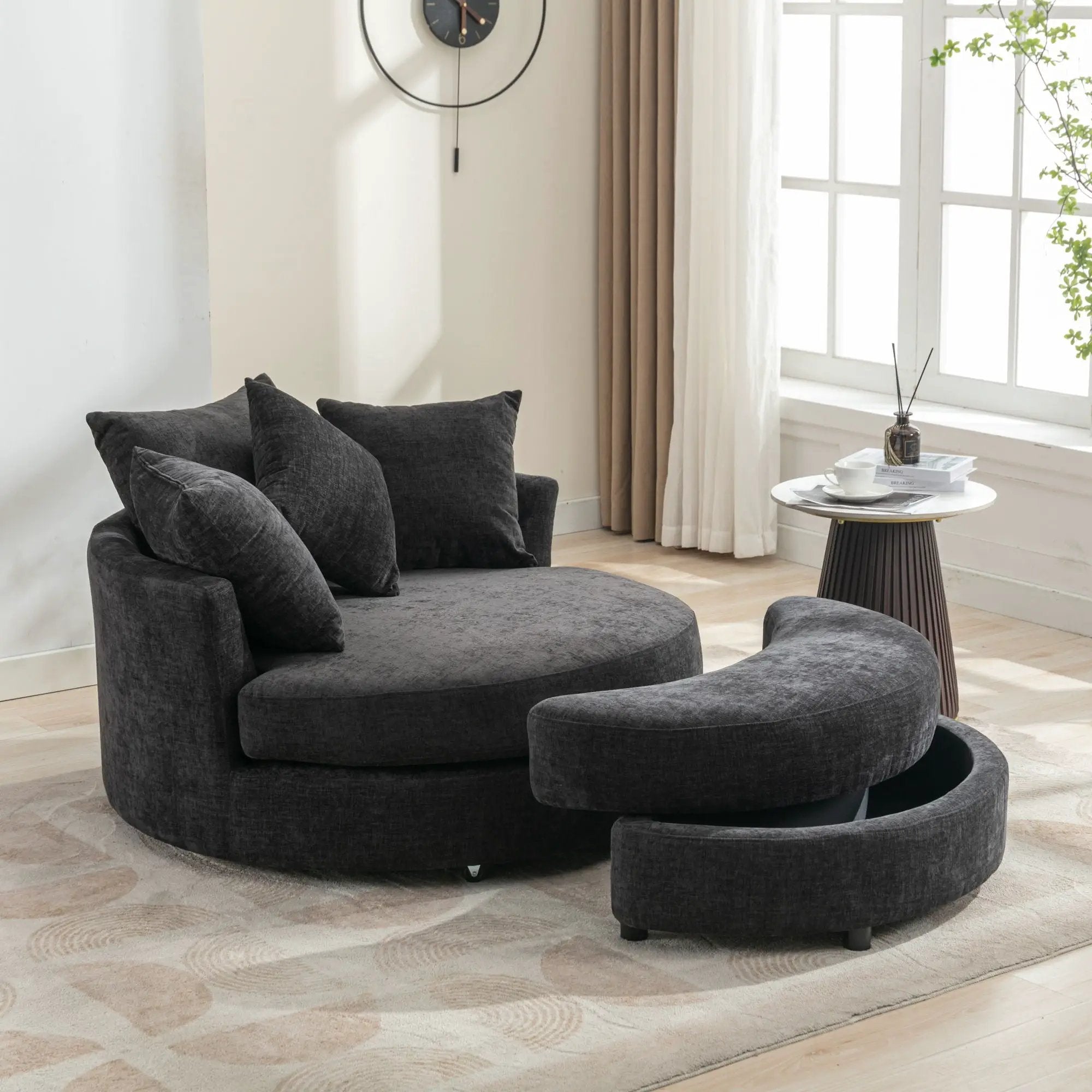 360° Swivel Accent Barrel Chair With Storage Ottoman & 4 Pillows, Modern Leisure Chair Round Accent For Living Room by HouseOfZazla