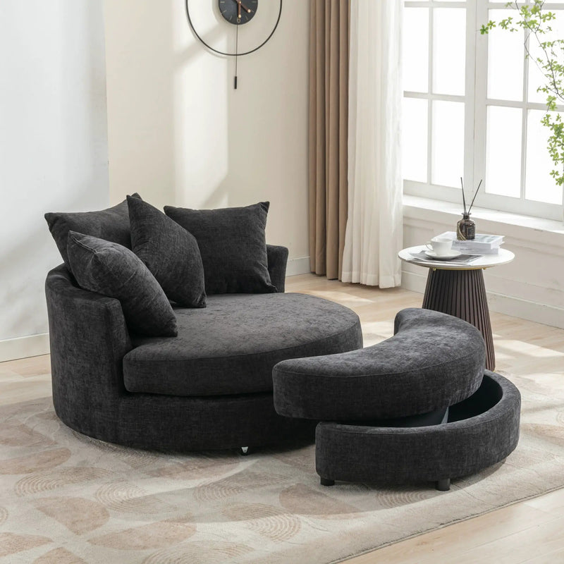 360° Swivel Accent Barrel Chair With Storage Ottoman & 4 Pillows, Modern Leisure Chair Round Accent For Living Room by HouseOfZazla
