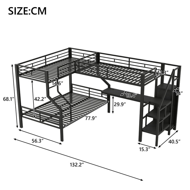 Twin Over Full L Shaped Bunk & Loft Bed With Built-In Wardrobe, Desk, And USB Ports - Black by HouseOfZazla