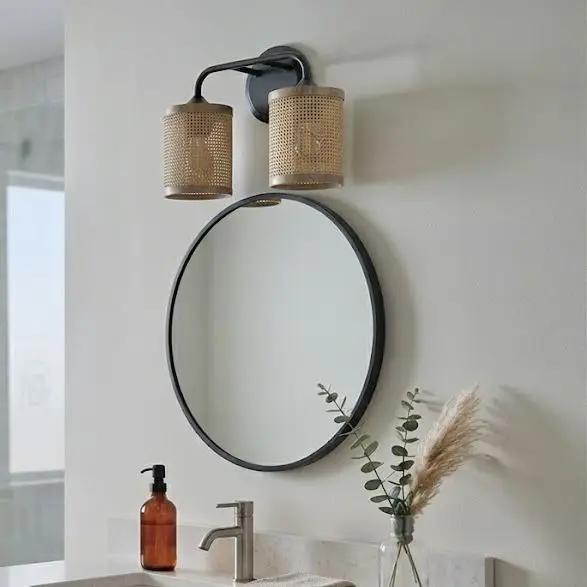 Quell - Double Light Vanity With Natural Shade Wall Lamp - Black / Rattan by HouseOfZazla