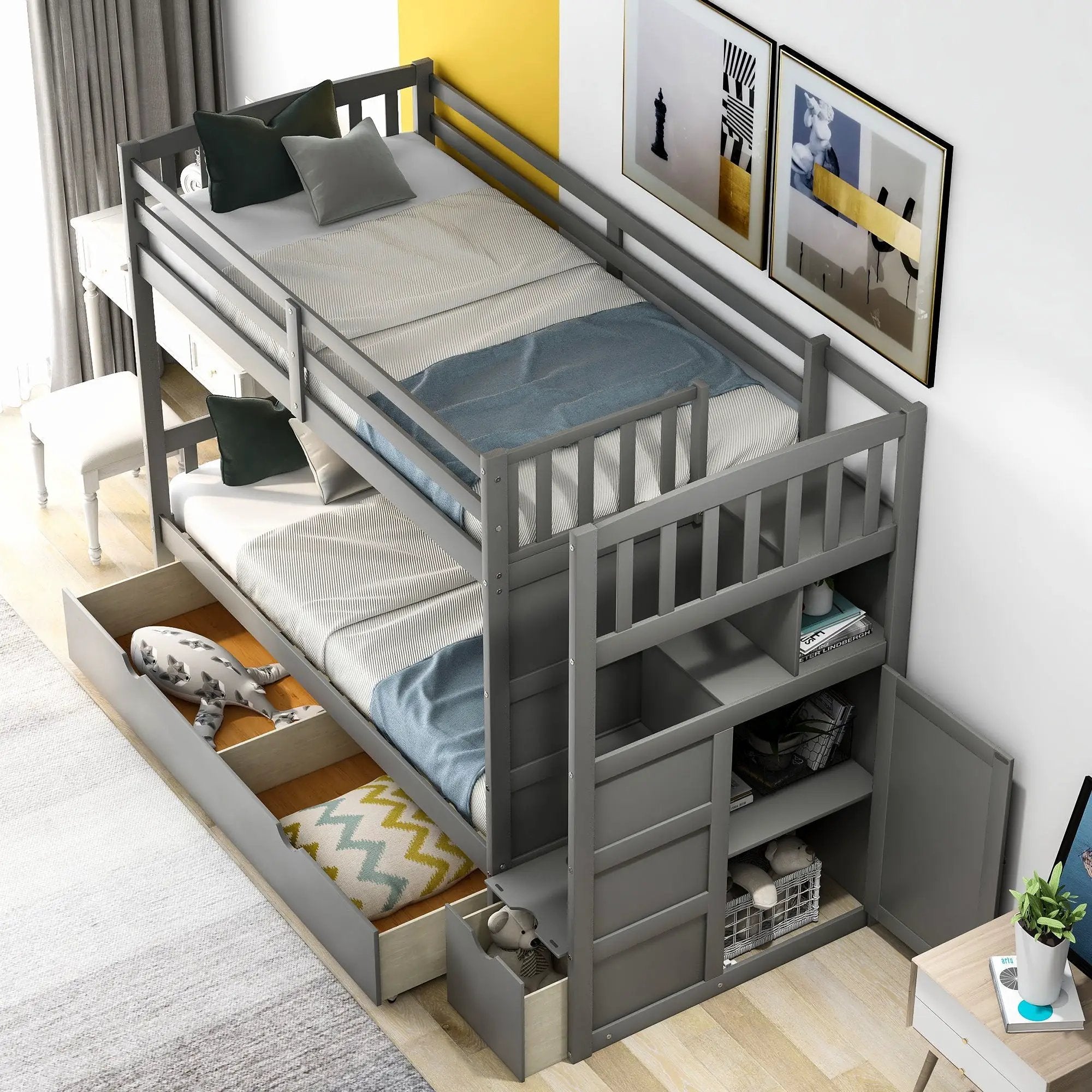 Bunk Bed, Convertible Bottom Bed, Storage Shelves And Drawers by Unique Piece Furniture