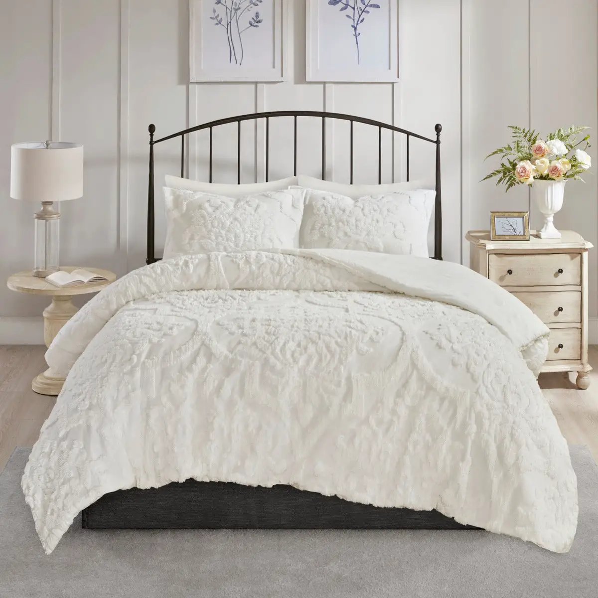 3 Piece Tufted Cotton Chenille Damask Comforter Set Off-White King/Cal King by HouseOfZazla