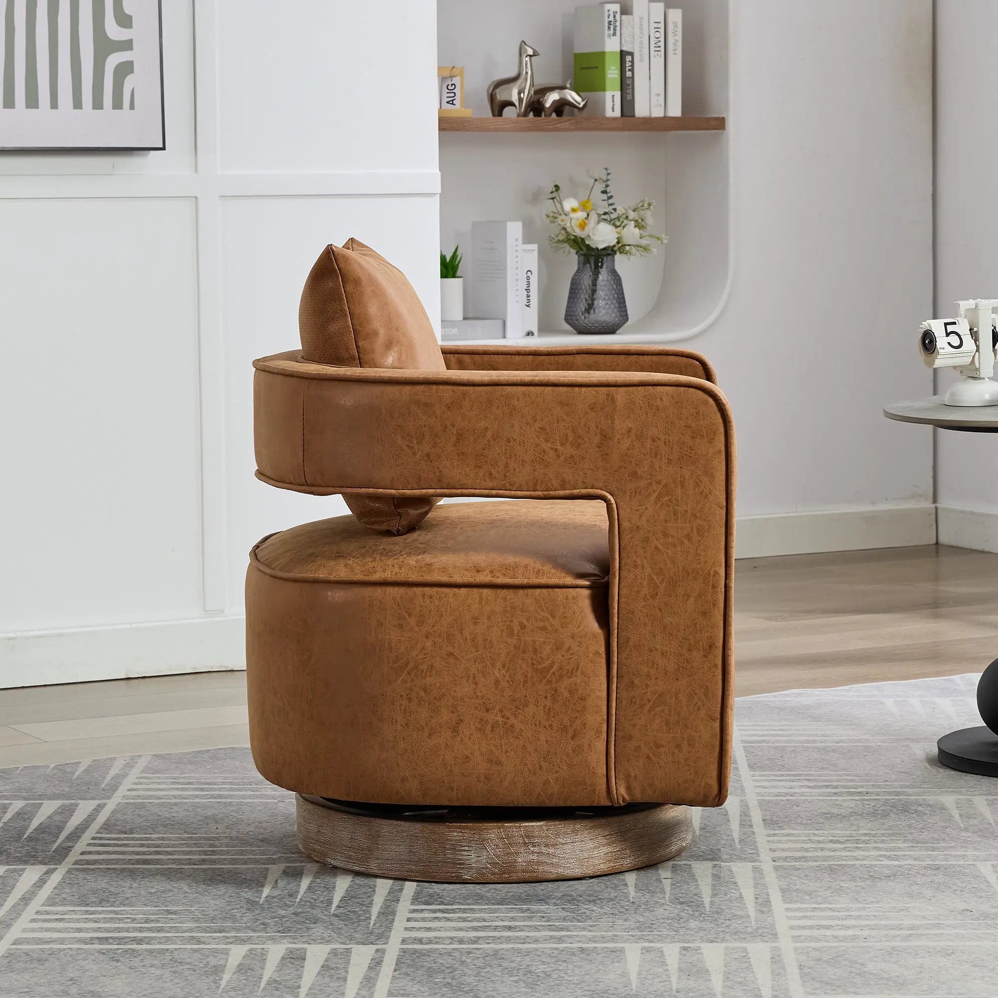 28.9"W Swivel Accent Open Back Barrel Chair in Brown PU by HouseOfZazla