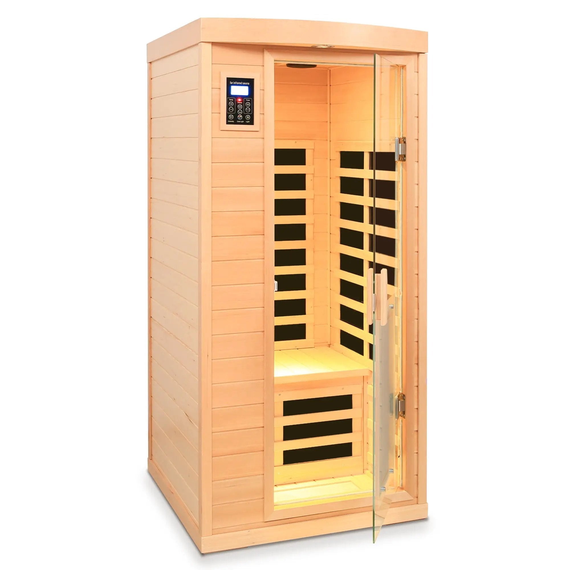 Low Emf Front Door With Heating Panel 1 People Hemlock Far Infrared Indoor Sauna Room - Natural by HouseOfZazla
