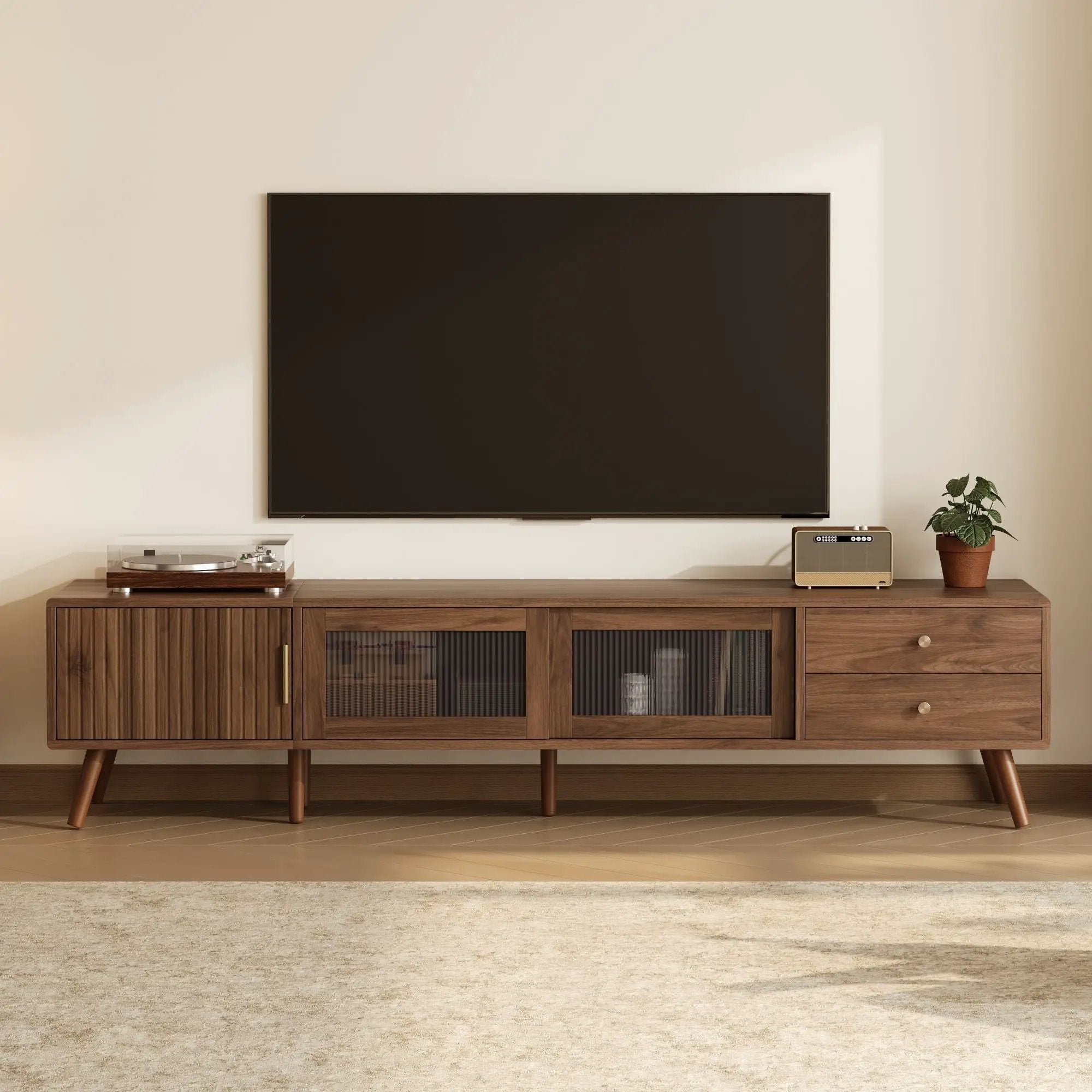 Doors TV Stand For TVs Up To 85", Entertainment Center With Storage Cabinets, TV Media Console Table For Living Room - Natural by Unique Piece Furniture