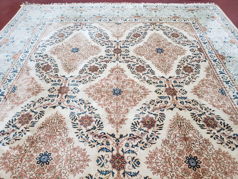 Fine Antique Persian Light Colored Kashan Carpet, 7x12, Top Quality, Rare, Ivory & Blues, Hand-Knotted, Wool by Jewel Rugs