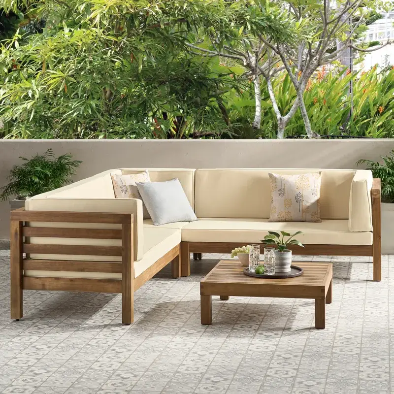 OANA Outdoor Wooden Sectional Set with Cushions, Beige by HouseOfZazla