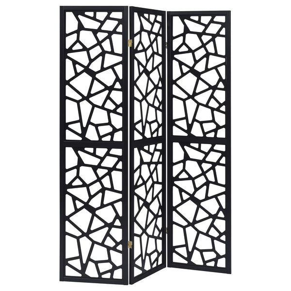 3 Panel Folding Screen With Mosaic Cutout Design - Black
