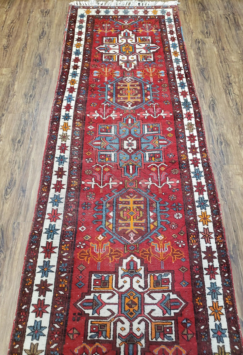 Antique Persian Heriz Karajeh Runner Rug 3x11, Hand-Knotted Red Geometric Medallions by Jewel Rugs