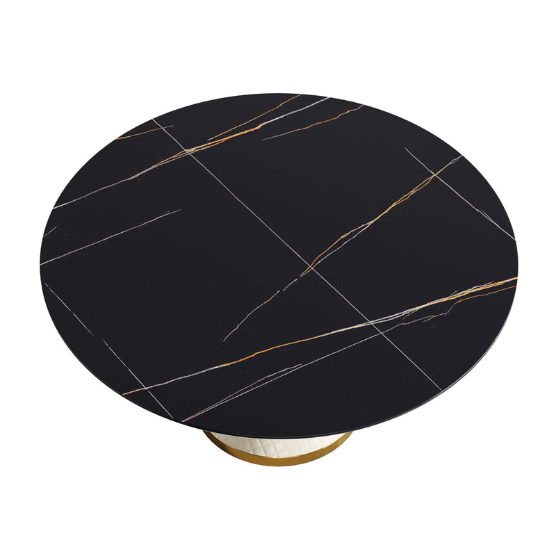 59.05" Modern Artificial Stone Round Carbon Steel Base Dining Table, Can Accommodate 6 People - Black / White by HouseOfZazla