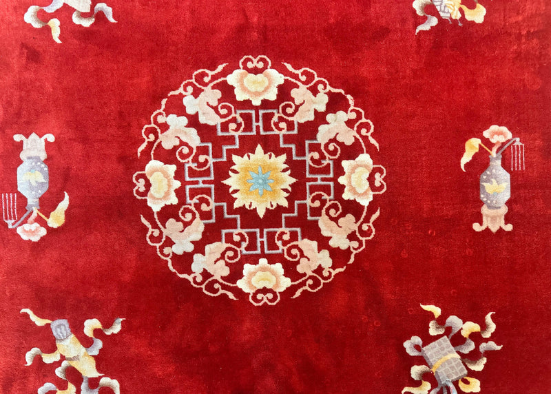 Chinese Wool Rug 8.6 x 11, Red and Beige Asian Oriental Carpet, Plush Pile, Vintage Handmade Chinese Carving Sculpted Rug, Semi Open Field by Jewel Rugs