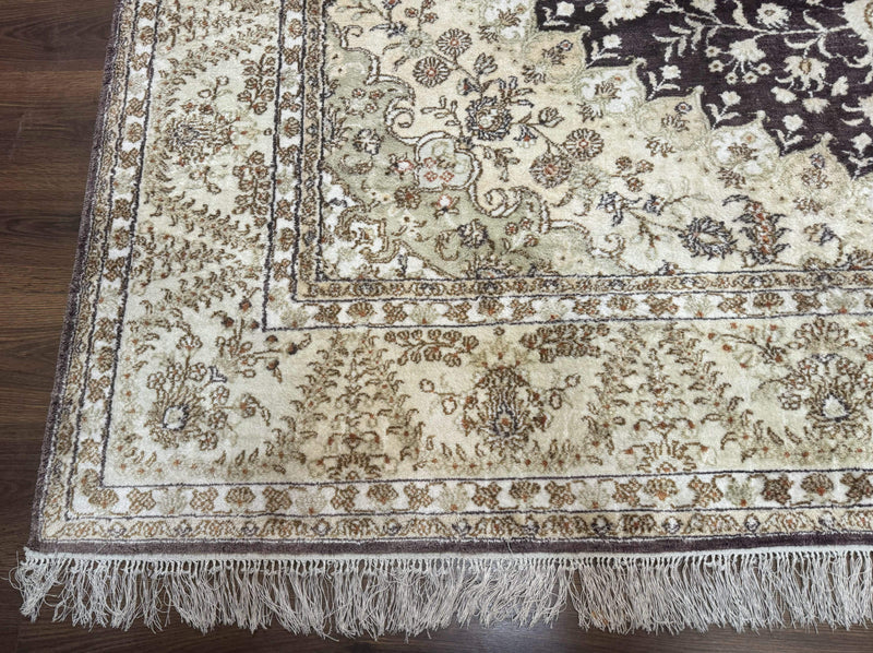 Indian Kashmiri Silk Rug 10x14, Floral Medallion by Jewel Rugs