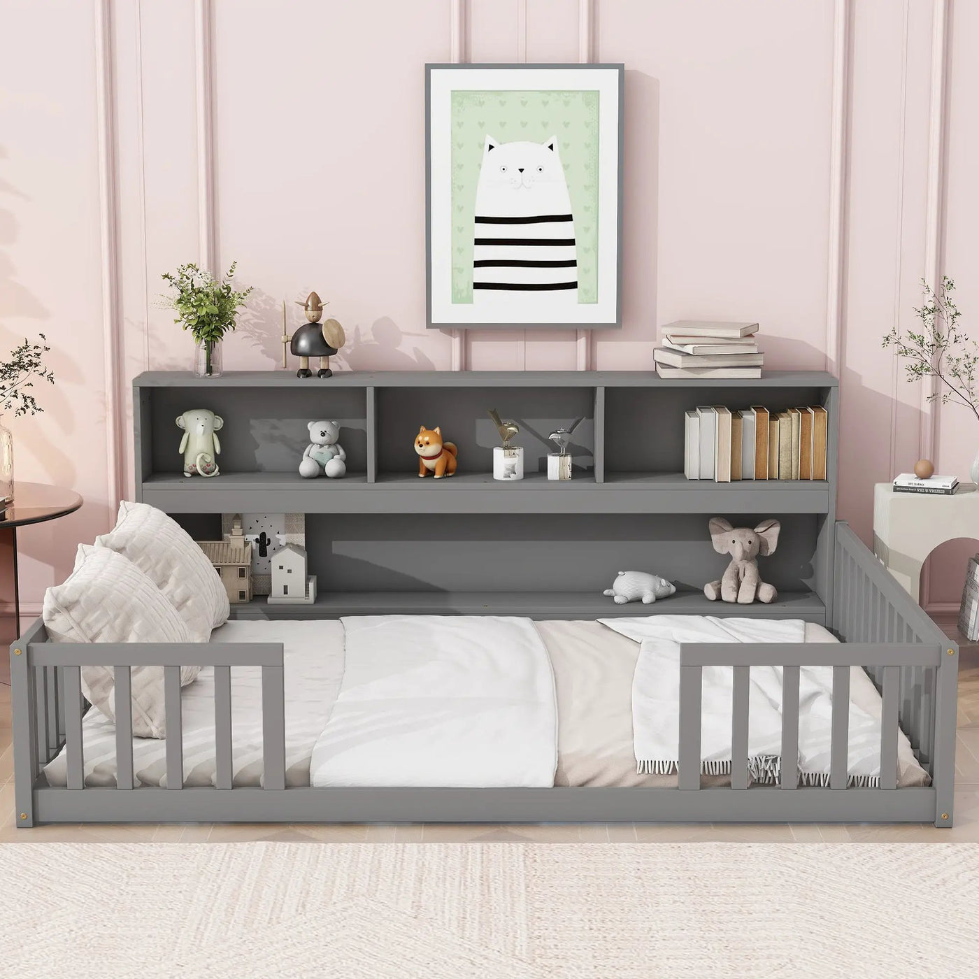 Full Floor Bed with Side Bookcase, Shelves, Guardrails by HouseOfZazla