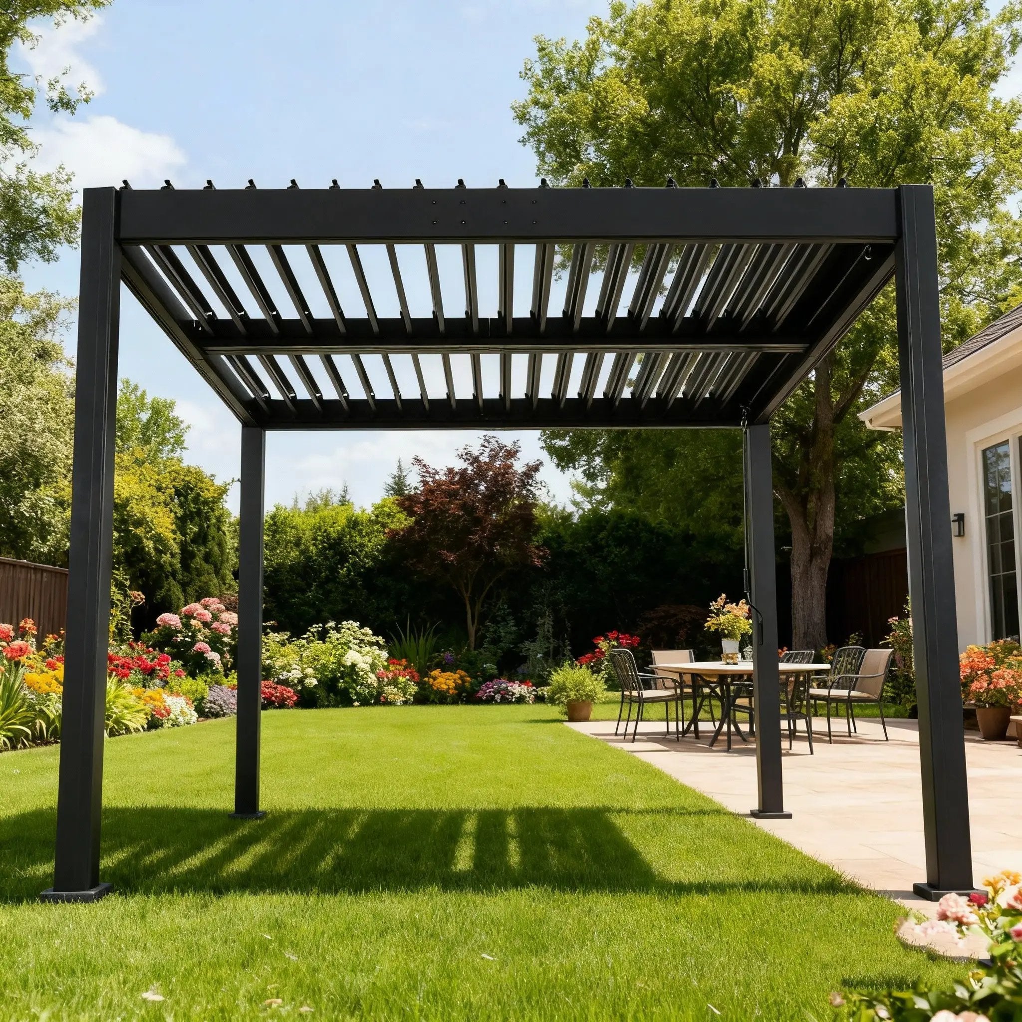 Byron Black Outdoor Pergola Aluminum with Adjustable Louvered Roof by HouseOfZazla