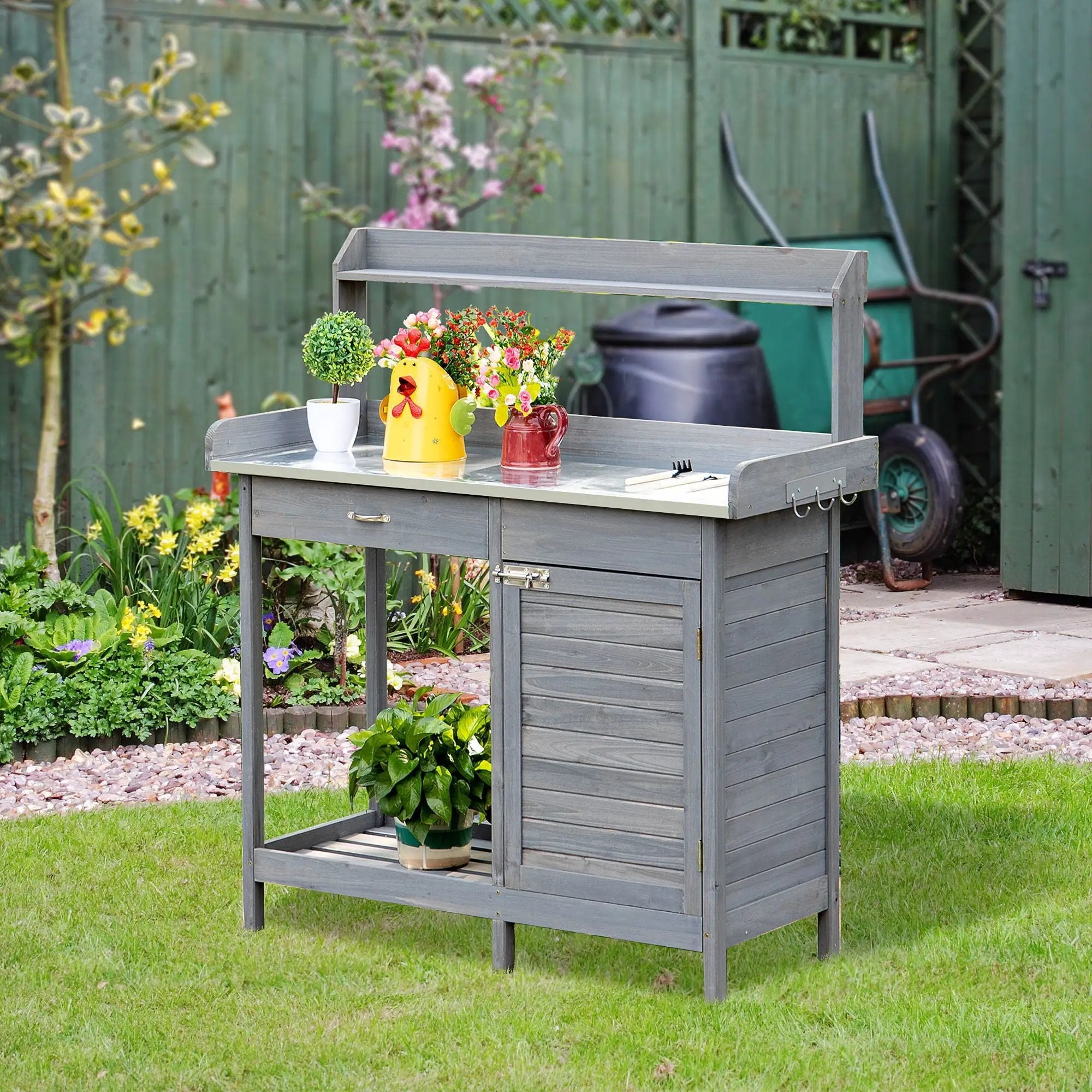 Outsunny - Outdoor Potting Bench Table, Garden Work Station With Storage Cabinet, Open Shelf And Steel Tabletop - Gray by HouseOfZazla