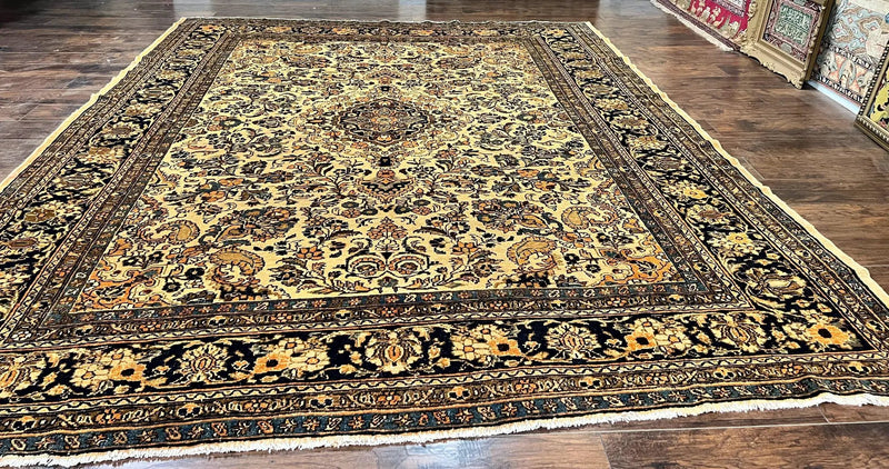 Antique Persian Rug 9x11, Wool Handmade 1920s Oriental Carpet, Persian Hamadan Anjelas Rug, Cream Black, Floral Allover Oriental Rug 9 x 11 Room Sized Rug by Jewel Rugs