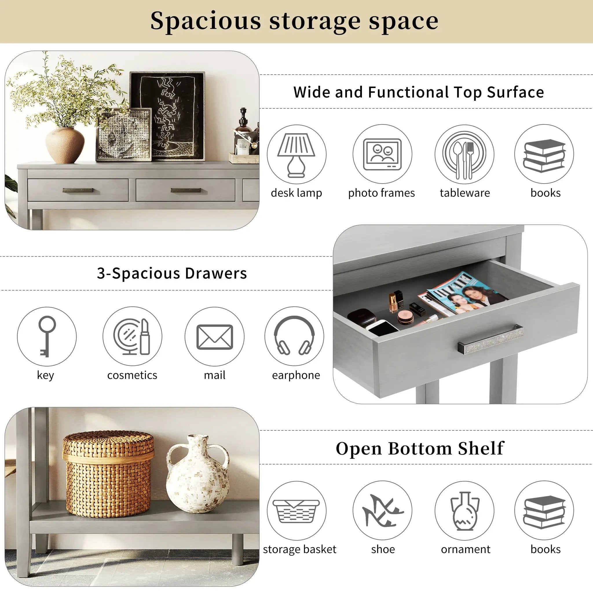 U_STYLE 59.1'' Farmhouse Entryway Table with 3 Drawers by HouseOfZazla