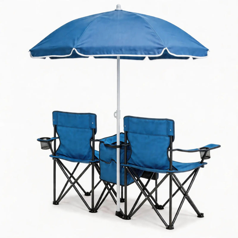 Portable Double Folding Beach Chair Set with Umbrella by HouseOfZazla