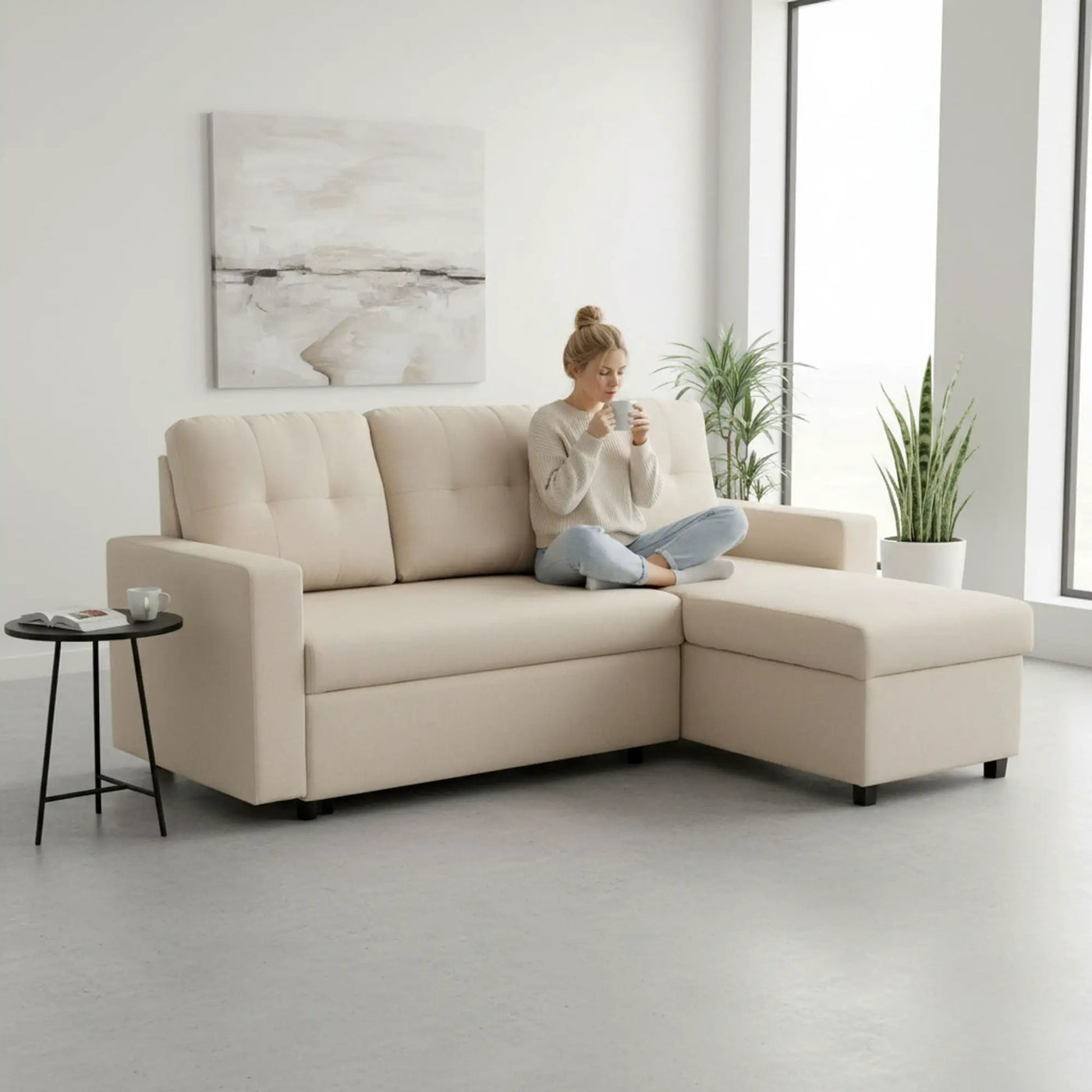 Convertible L Shaped Sectional Sleeper Sofa Bed, Saving Pull Out Couch by Unique Piece Furniture