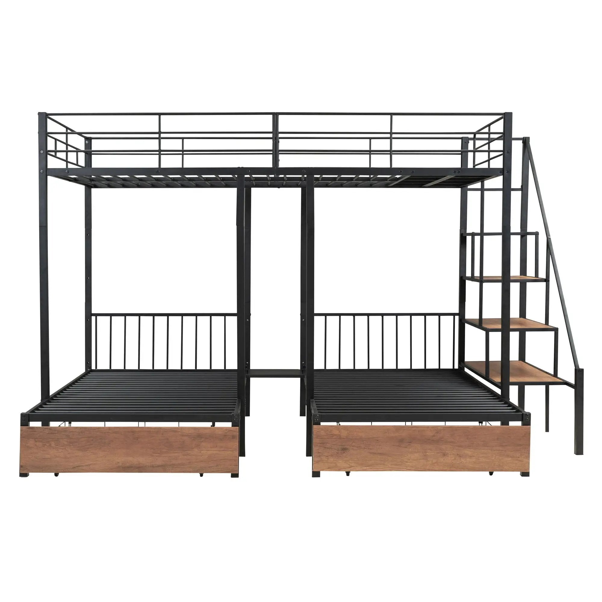 Full Over Twin-Twin Triple Bunk Bed With Drawers And Staircase - Black by HouseOfZazla