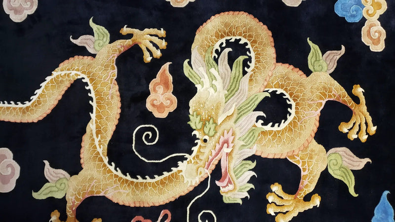 Rare Antique Chinese Art Deco Rug 6x9 with Dragon, Black Chinese Carpet 6 x 9, Hand Knotted Wool Area Rug by Jewel Rugs
