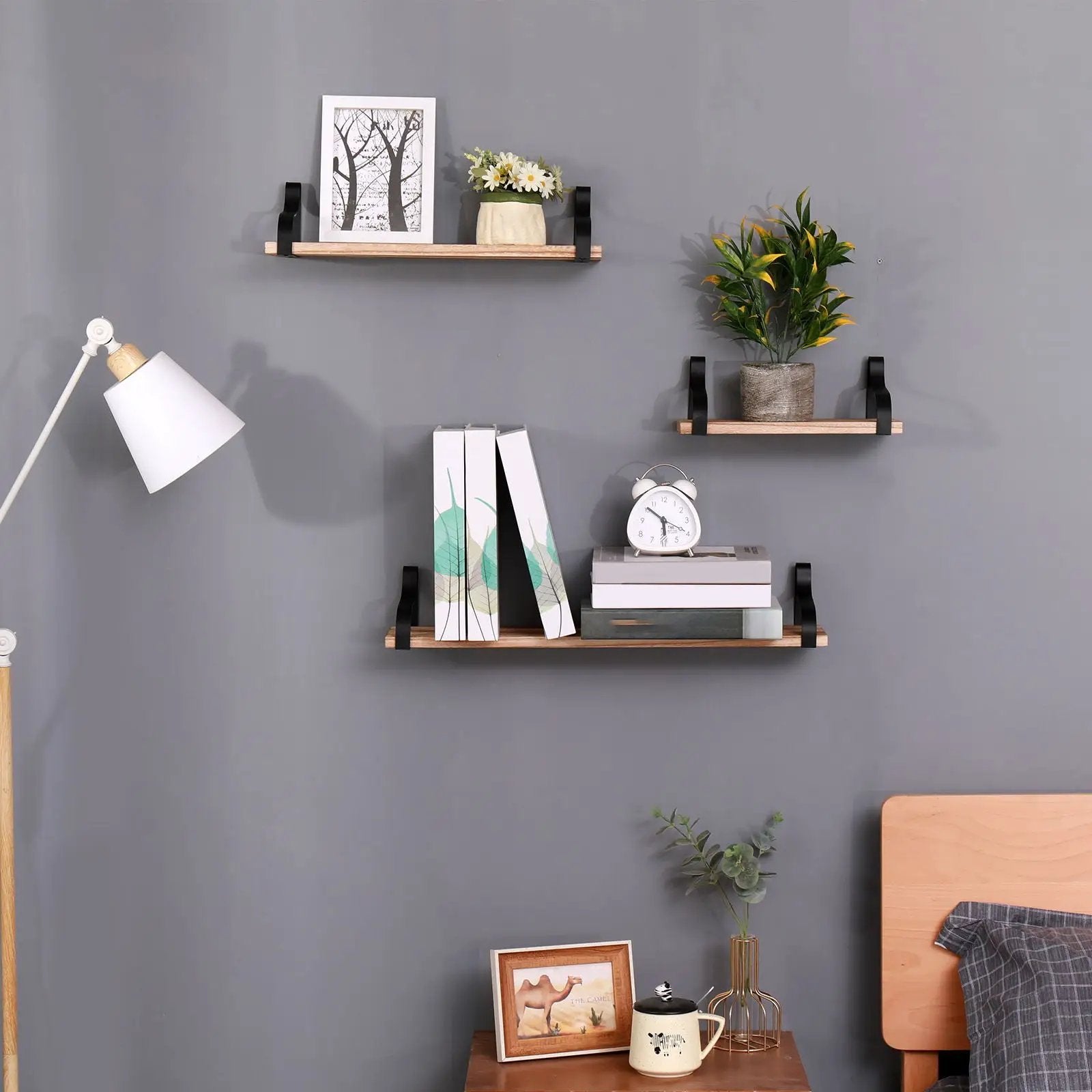 Floating Shelves, Long Wall Shelves (Set of 3), Wall Mounted Shelves & Brackets For Bedroom - Natural Wood by Unique Piece Furniture