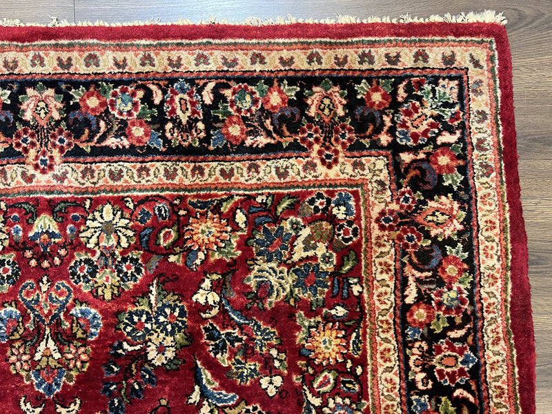 Persian Sarouk Rug 5x6, Hand Knotted Antique 1920s Sarouk, Red Navy Blue by Jewel Rugs