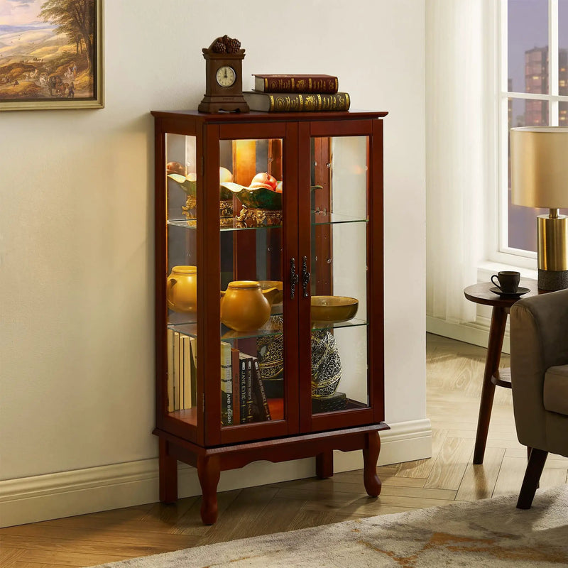 Curio Cabinet Lighted Curio Diapaly Cabinet With Adjustable Shelves And Mirrored Back Panel, Tempered Glass Doors (3 Tier), (E26 Light Bulb Not Included) by HouseOfZazla