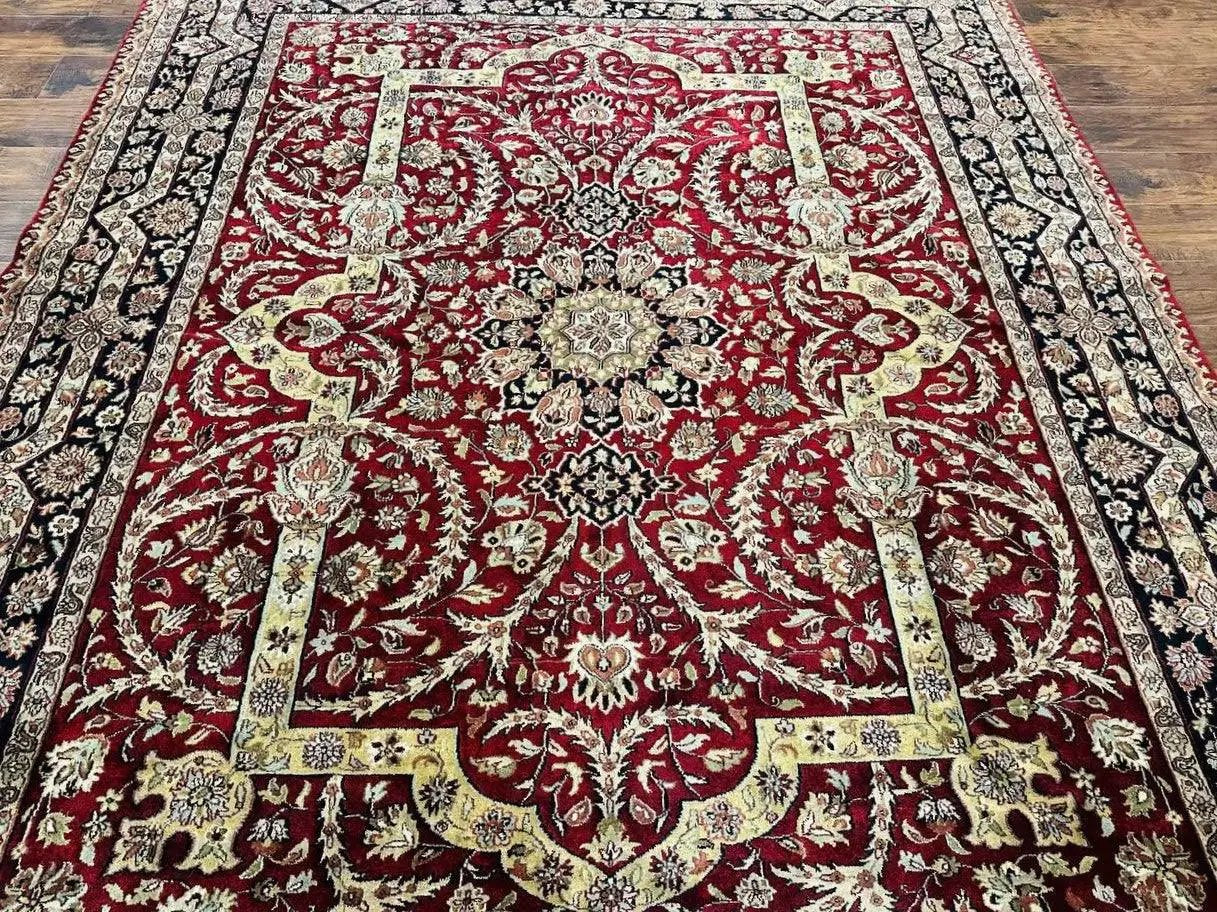 Indo Persian Rug 8x10, Red Vintage Wool Traditional Carpet, Floral, Handmade by Jewel Rugs