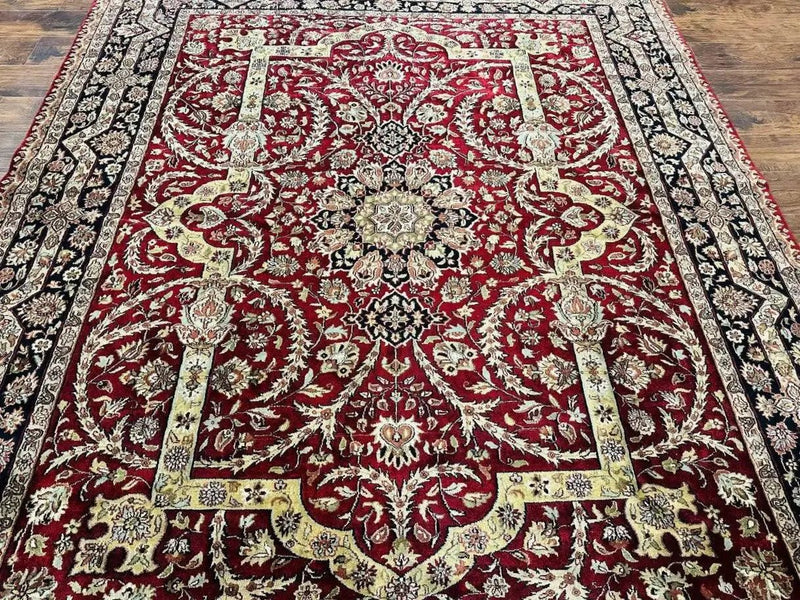 Indo Persian Rug 8x10, Red Vintage Wool Traditional Carpet, Floral, Handmade by Jewel Rugs