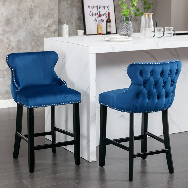 Contemporary Upholstered Wing-Back Barstools With Button Tufted Decoration And Wooden Legs, And Nailhead Trim, Leisure Style Bar Chairs, Bar Stools (Set of 2) by HouseOfZazla