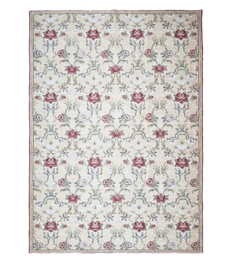Needlepoint Rug 10x14 Wool Flatweave Carpet, English Floral Pattern, Pale Yellow, Roses, Allover Pattern, Handmade Large Needlepoint Nice by Jewel Rugs