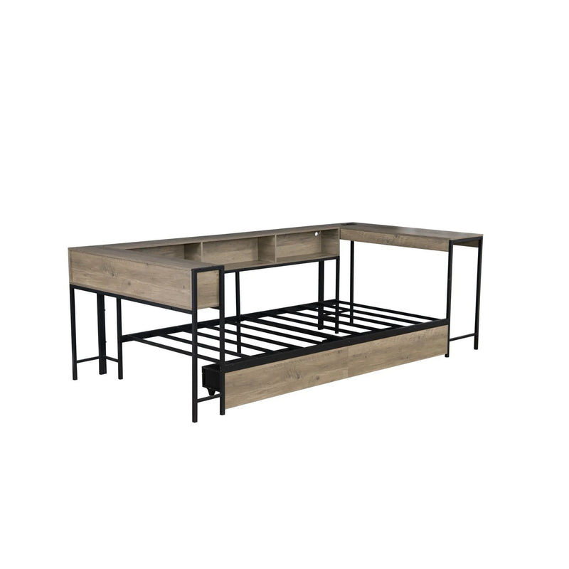 Corner Bed Frame Twin Size With Bookcase And 2 Underbed Storage Drawers, Modern Twin Bed With LED Light And Charging Station, Modern Daybed Reversible Left Or Right - Gray by HouseOfZazla