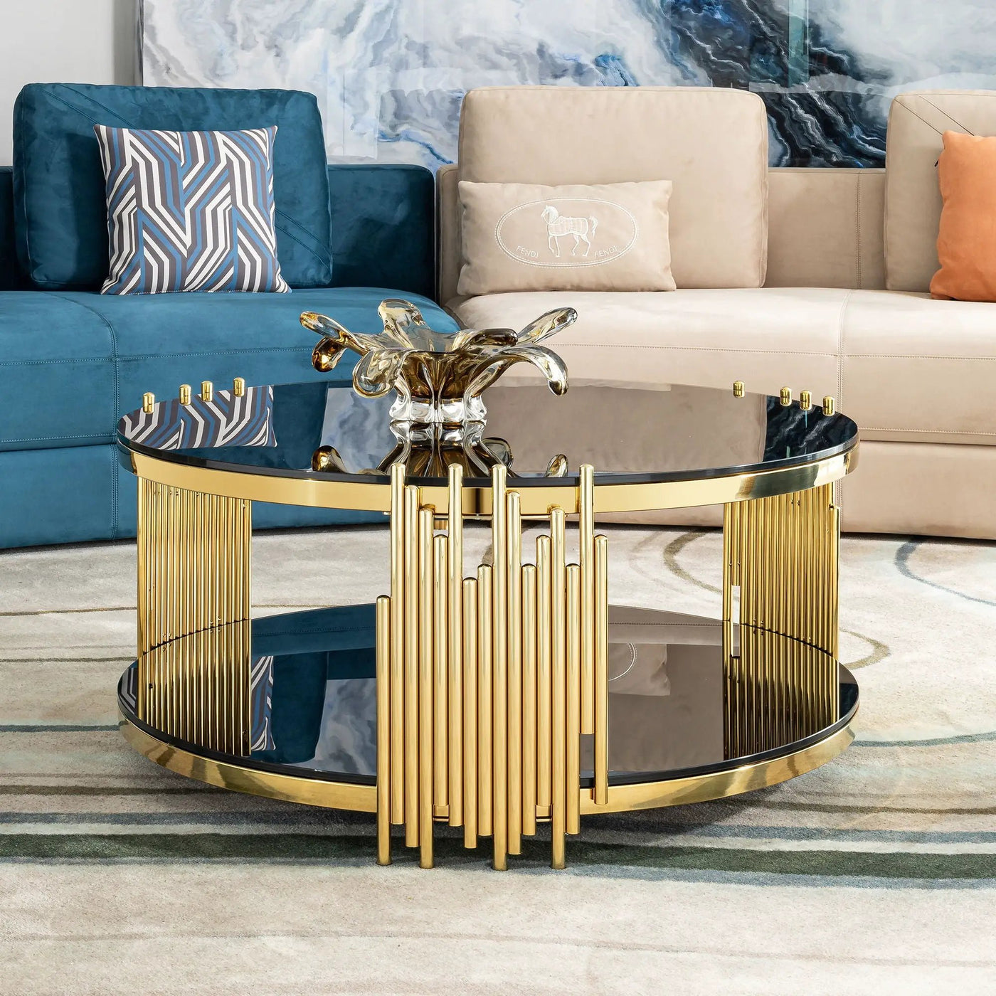 Elegant Round Table With Double Layer Tempered Glass Top And Stainless Steel Frame For Living Room by Unique Piece Furniture