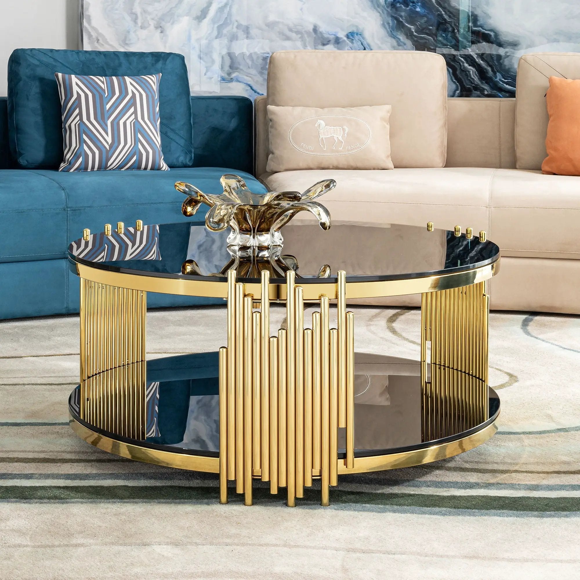 Elegant Round Table With Double Layer Tempered Glass Top And Stainless Steel Frame For Living Room by Unique Piece Furniture