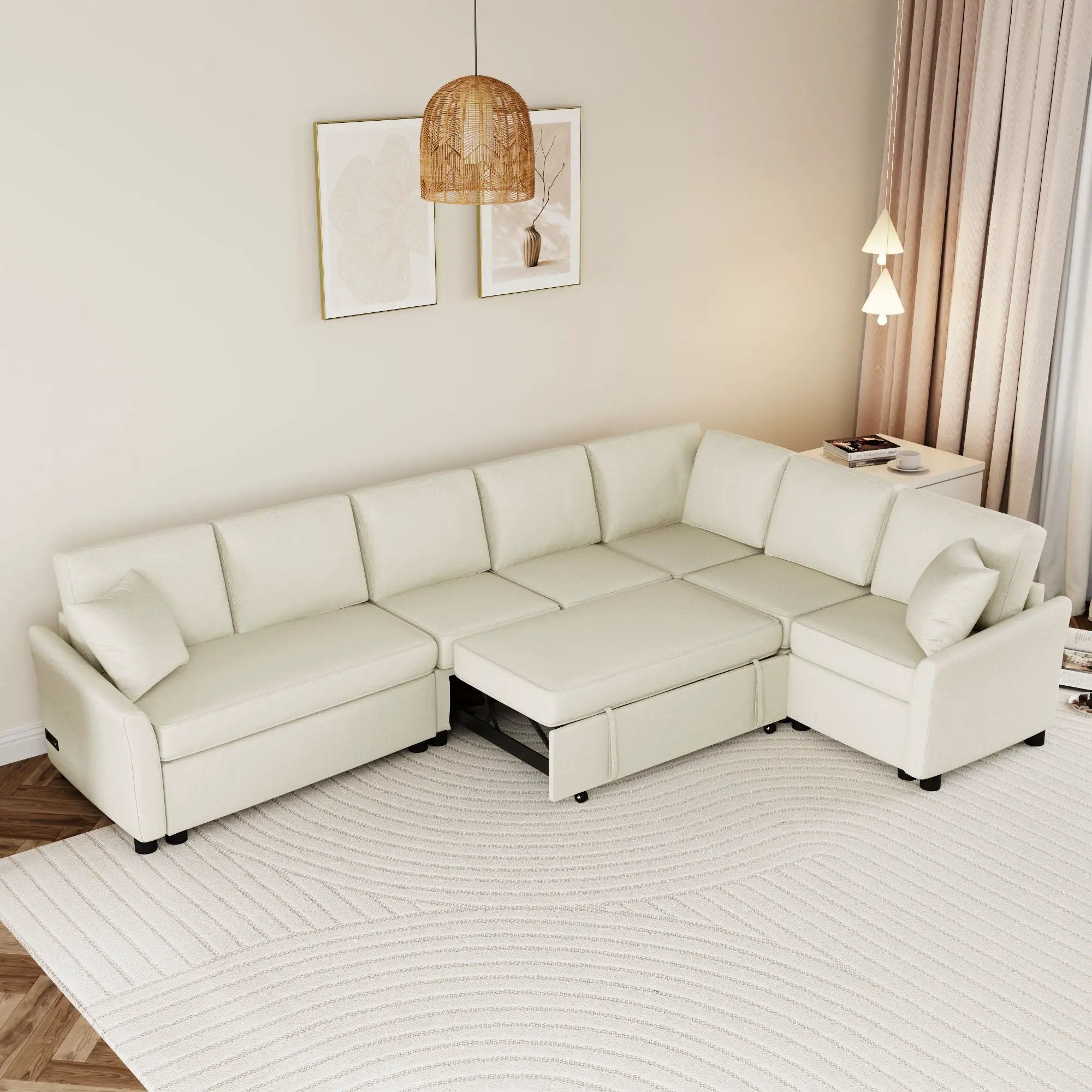 L-Shaped Sofa Convertible Sofa Bed Pull Out Sofa Sleeper With Two Back Pillows, Two USB Ports And Two Power Sockets For Living Room by HouseOfZazla